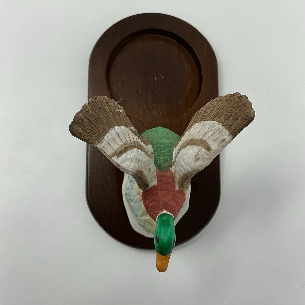 Vintage Mallard Duck Ceramic Figurine Wood Base Ashtray Holder Cabin Decor